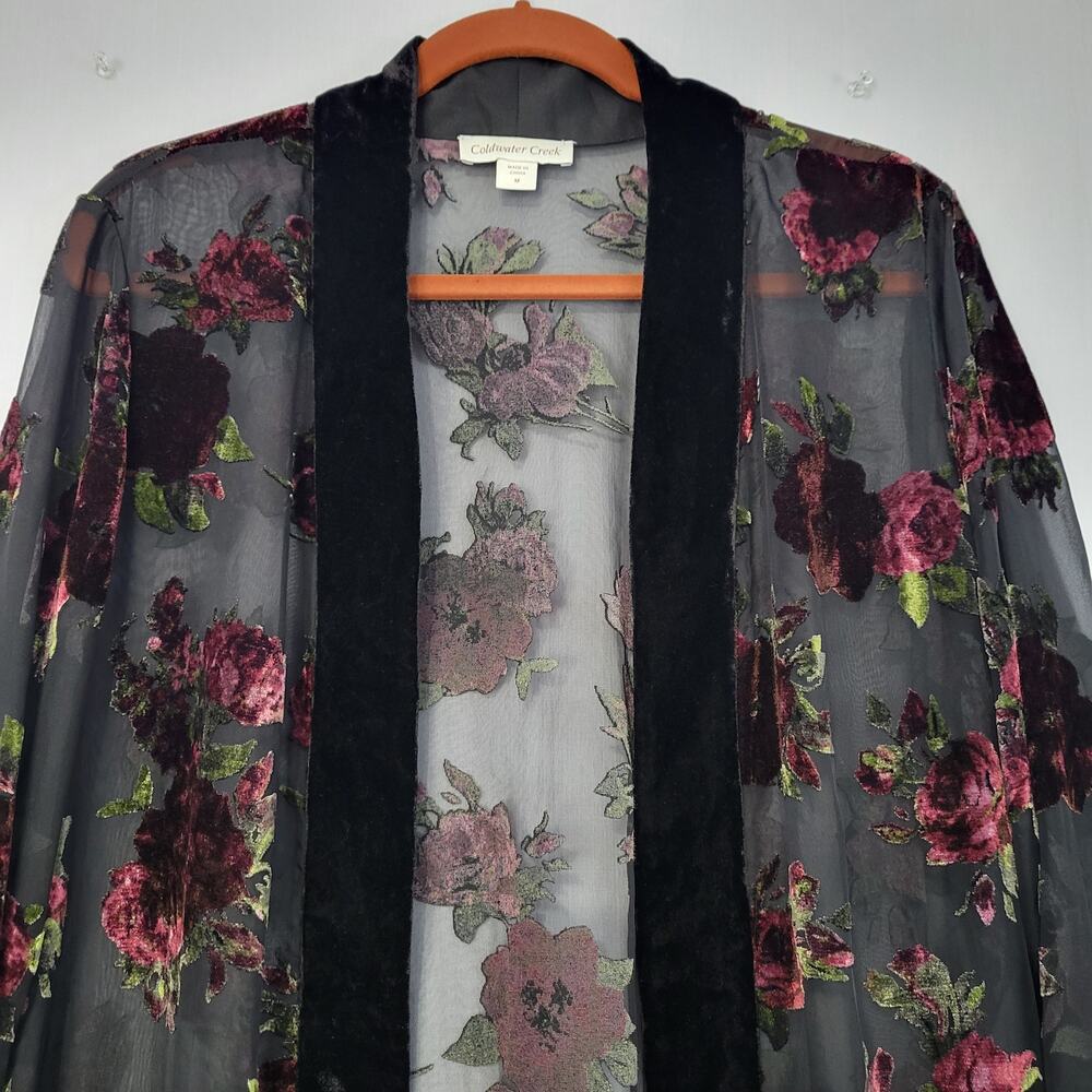 Coldwater Creek Floral Velvet Burnout Open Front Kimono Top size M Dark Romantic - Picture 2 of 7